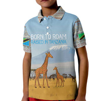 Tanzania Safari Giraffe Kid Polo Shirt with Tribal Patterns and Mount Kilimanjaro Scene