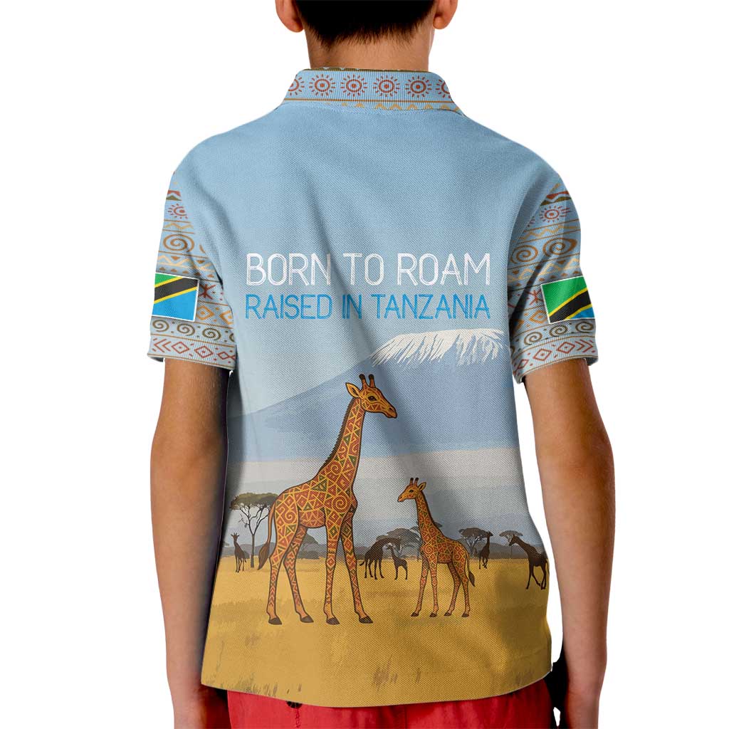 Tanzania Safari Giraffe Kid Polo Shirt with Tribal Patterns and Mount Kilimanjaro Scene