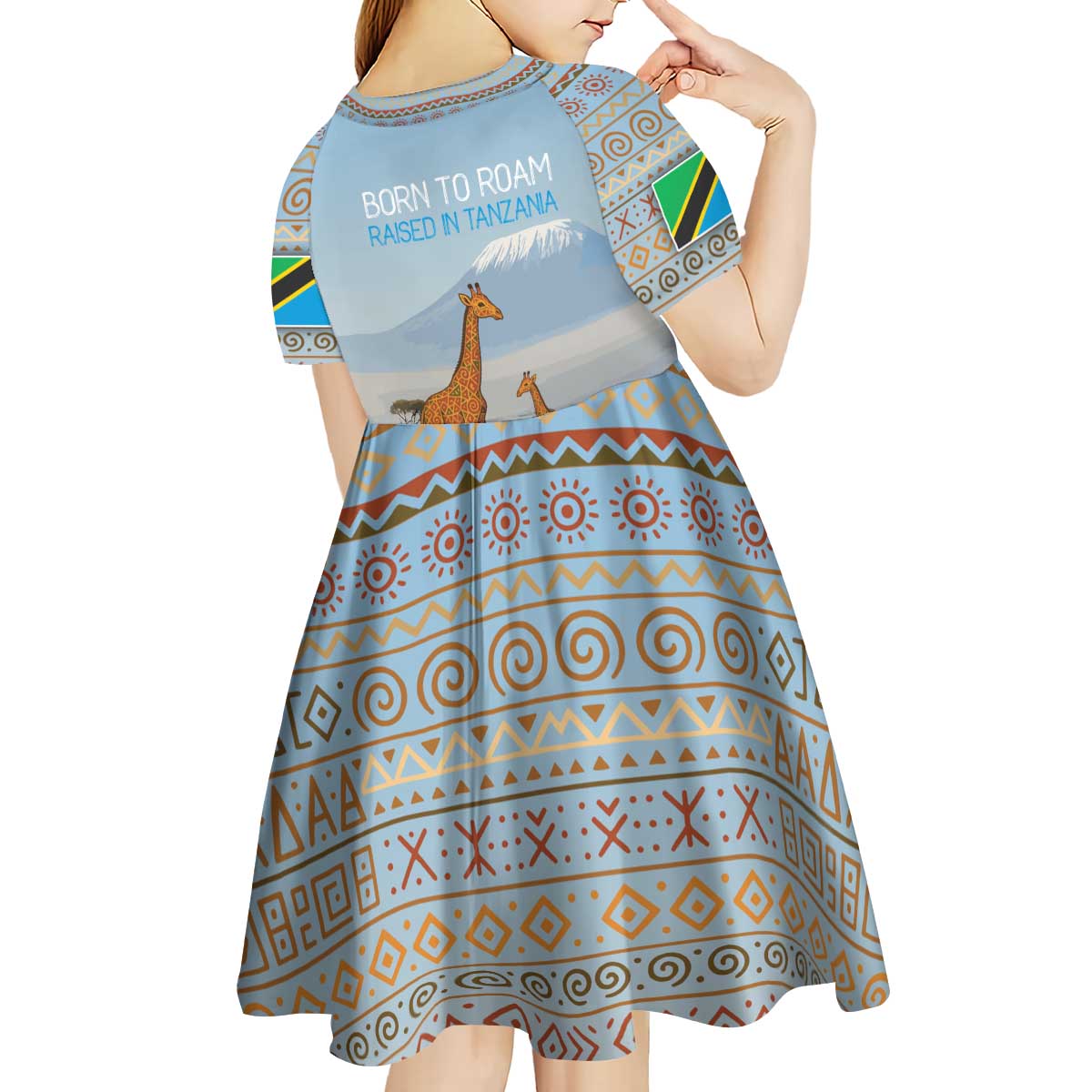 Tanzania Safari Giraffe Kid Short Sleeve Dress with Tribal Patterns and Mount Kilimanjaro Scene
