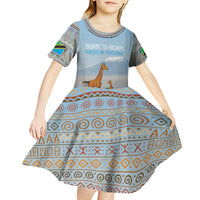 Tanzania Safari Giraffe Kid Short Sleeve Dress with Tribal Patterns and Mount Kilimanjaro Scene