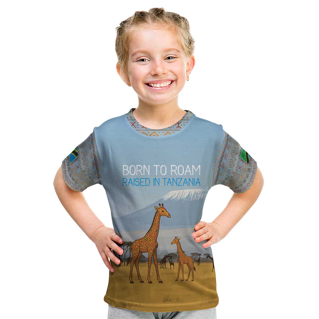 Tanzania Safari Giraffe Kid T Shirt with Tribal Patterns and Mount Kilimanjaro Scene