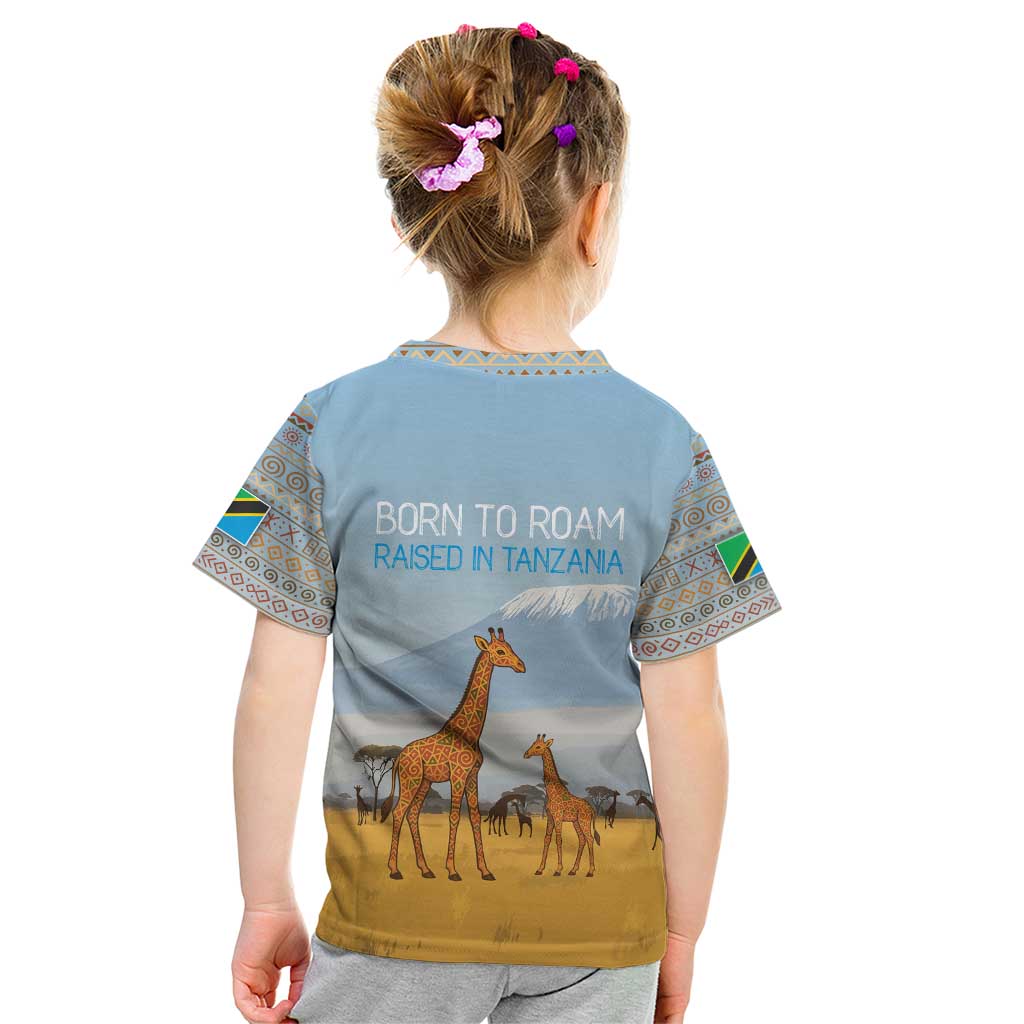 Tanzania Safari Giraffe Kid T Shirt with Tribal Patterns and Mount Kilimanjaro Scene