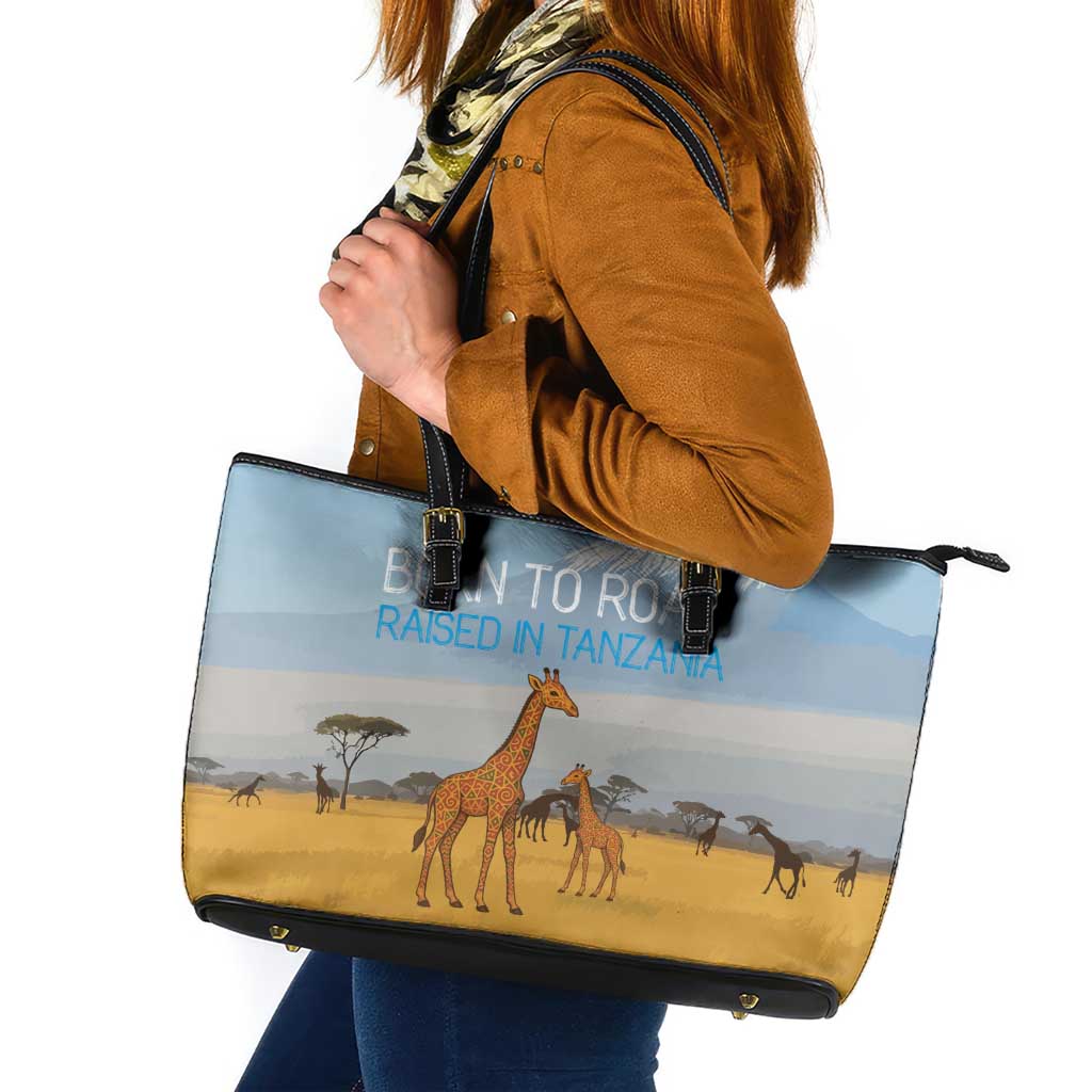 Tanzania Safari Giraffe Leather Tote Bag with Tribal Patterns and Mount Kilimanjaro Scene