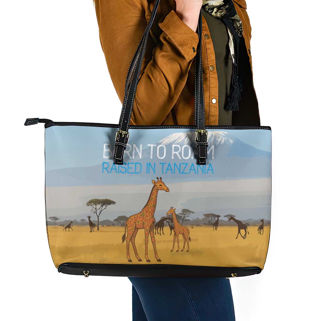 Tanzania Safari Giraffe Leather Tote Bag with Tribal Patterns and Mount Kilimanjaro Scene