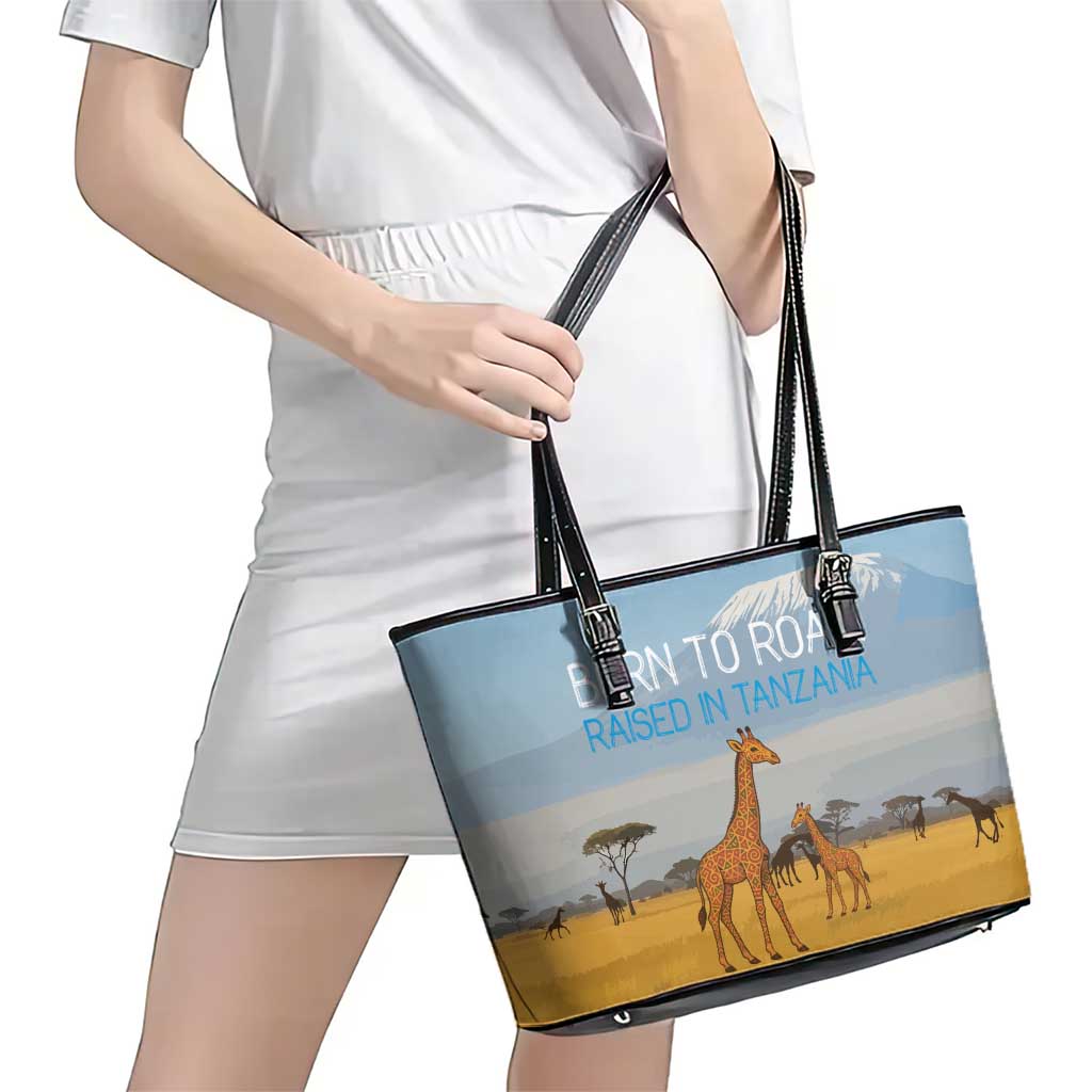 Tanzania Safari Giraffe Leather Tote Bag with Tribal Patterns and Mount Kilimanjaro Scene