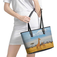 Tanzania Safari Giraffe Leather Tote Bag with Tribal Patterns and Mount Kilimanjaro Scene