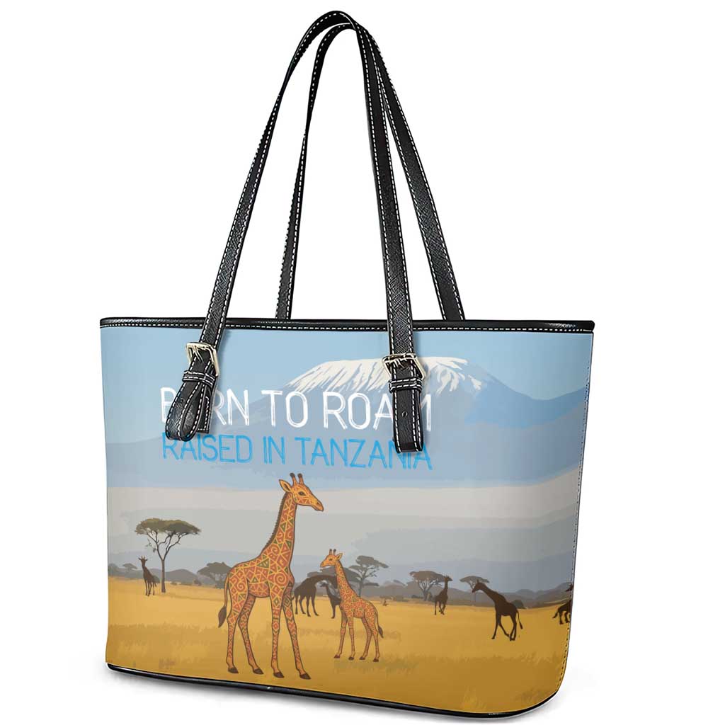Tanzania Safari Giraffe Leather Tote Bag with Tribal Patterns and Mount Kilimanjaro Scene