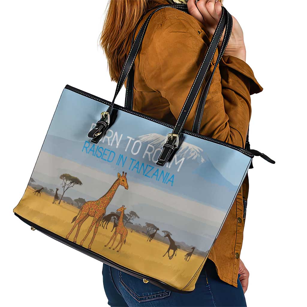 Tanzania Safari Giraffe Leather Tote Bag with Tribal Patterns and Mount Kilimanjaro Scene