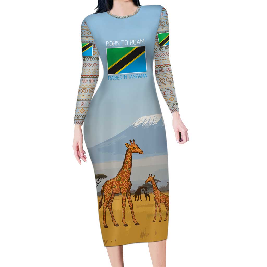 Tanzania Safari Giraffe Long Sleeve Bodycon Dress with Tribal Patterns and Mount Kilimanjaro Scene