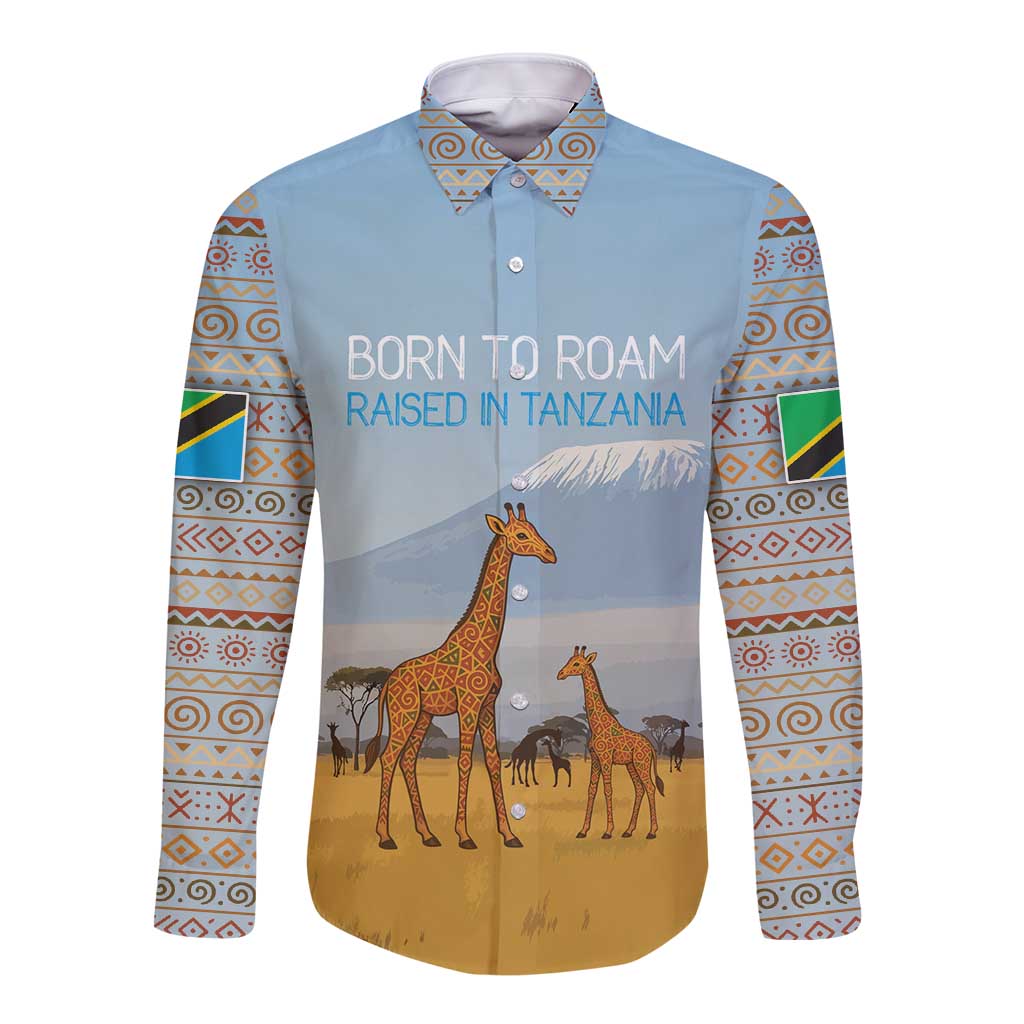 Tanzania Safari Giraffe Long Sleeve Button Shirt with Tribal Patterns and Mount Kilimanjaro Scene