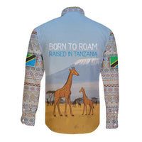 Tanzania Safari Giraffe Long Sleeve Button Shirt with Tribal Patterns and Mount Kilimanjaro Scene