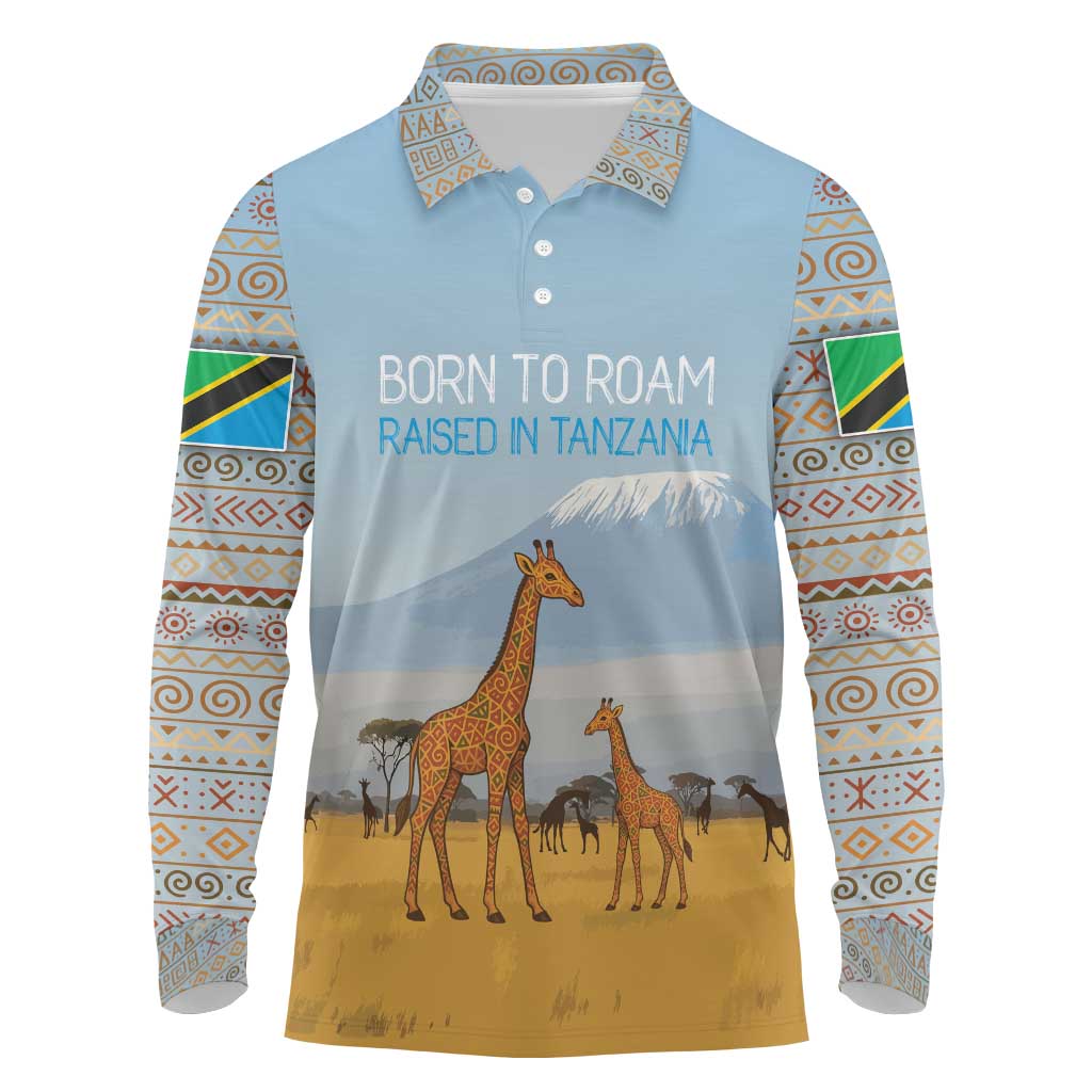 Tanzania Safari Giraffe Long Sleeve Polo Shirt with Tribal Patterns and Mount Kilimanjaro Scene