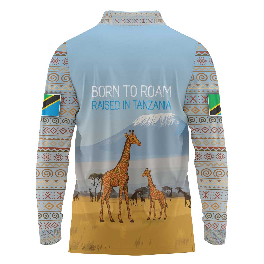 Tanzania Safari Giraffe Long Sleeve Polo Shirt with Tribal Patterns and Mount Kilimanjaro Scene
