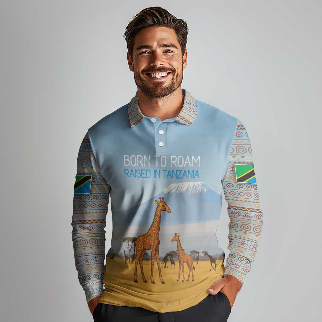 Tanzania Safari Giraffe Long Sleeve Polo Shirt with Tribal Patterns and Mount Kilimanjaro Scene