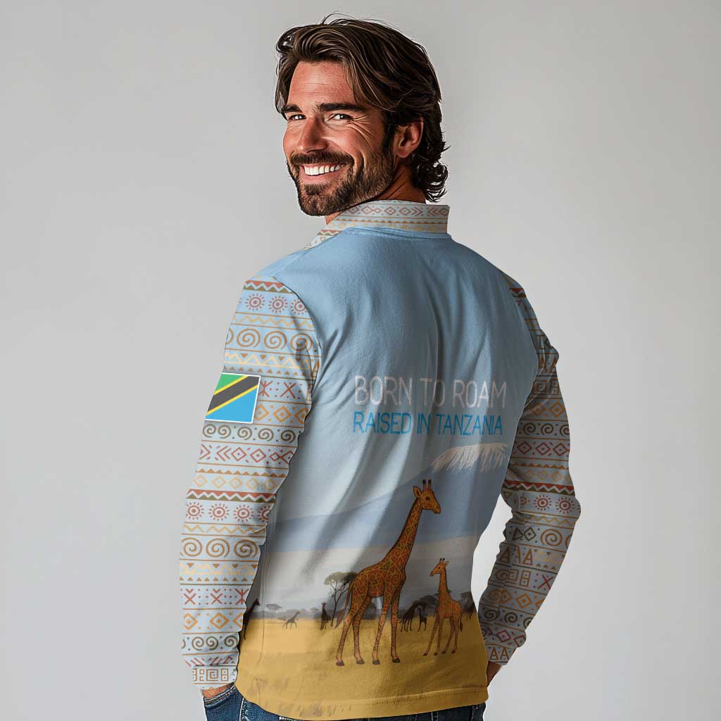Tanzania Safari Giraffe Long Sleeve Polo Shirt with Tribal Patterns and Mount Kilimanjaro Scene