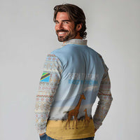 Tanzania Safari Giraffe Long Sleeve Polo Shirt with Tribal Patterns and Mount Kilimanjaro Scene