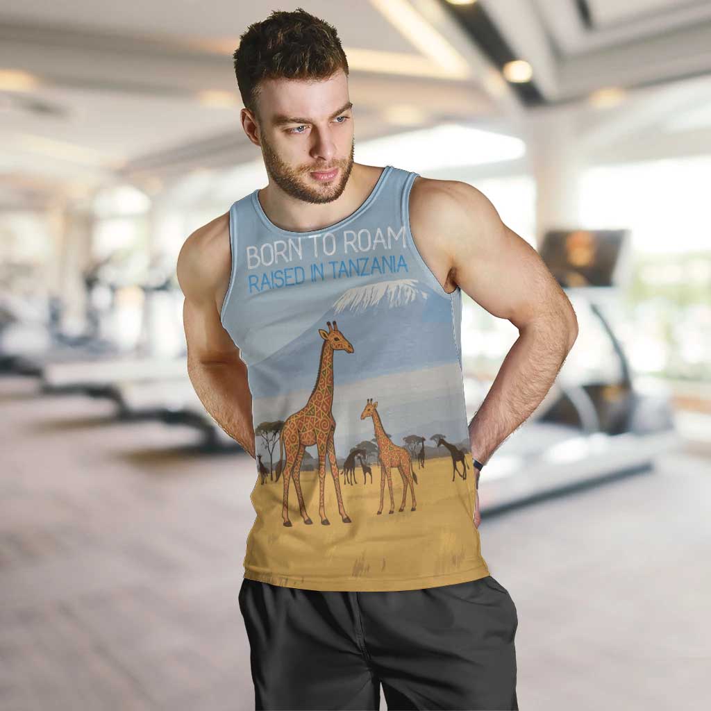 Tanzania Safari Giraffe Men Tank Top with Tribal Patterns and Mount Kilimanjaro Scene