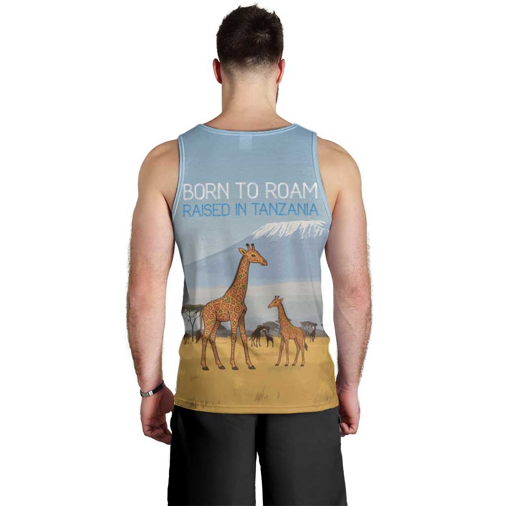 Tanzania Safari Giraffe Men Tank Top with Tribal Patterns and Mount Kilimanjaro Scene