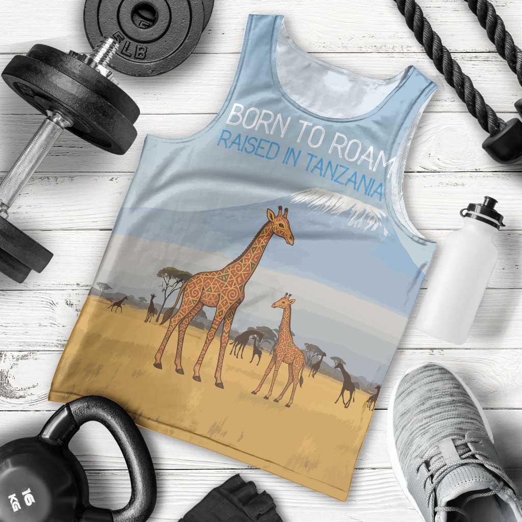 Tanzania Safari Giraffe Men Tank Top with Tribal Patterns and Mount Kilimanjaro Scene