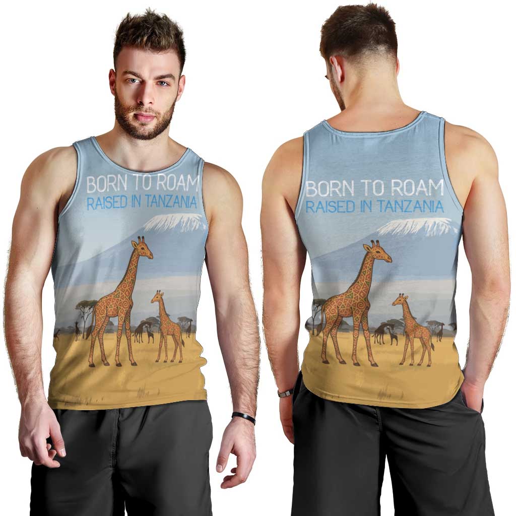 Tanzania Safari Giraffe Men Tank Top with Tribal Patterns and Mount Kilimanjaro Scene