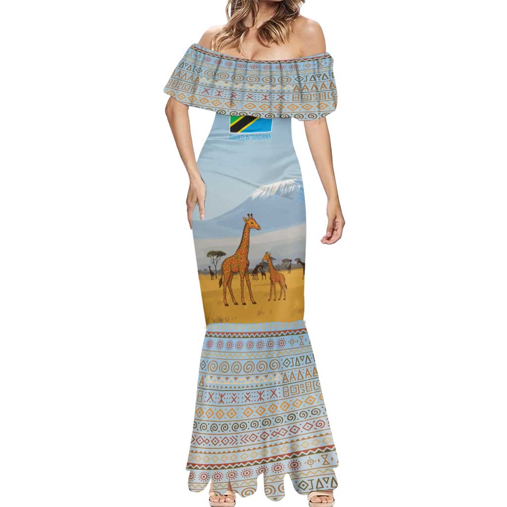 Tanzania Safari Giraffe Mermaid Dress with Tribal Patterns and Mount Kilimanjaro Scene