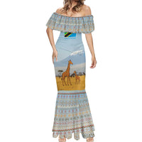 Tanzania Safari Giraffe Mermaid Dress with Tribal Patterns and Mount Kilimanjaro Scene