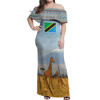 Tanzania Safari Giraffe Off Shoulder Maxi Dress with Tribal Patterns and Mount Kilimanjaro Scene