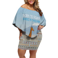 Tanzania Safari Giraffe Off Shoulder Short Dress with Tribal Patterns and Mount Kilimanjaro Scene