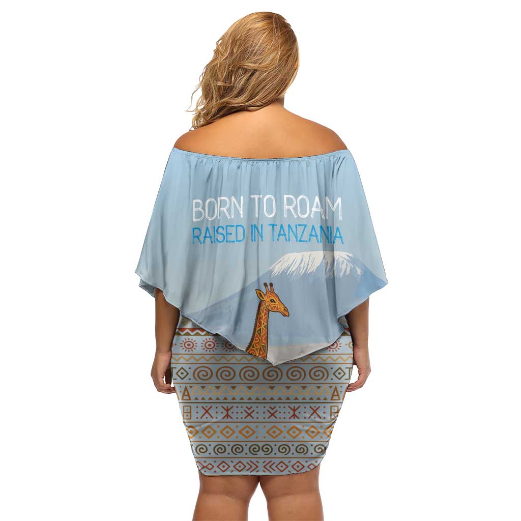 Tanzania Safari Giraffe Off Shoulder Short Dress with Tribal Patterns and Mount Kilimanjaro Scene