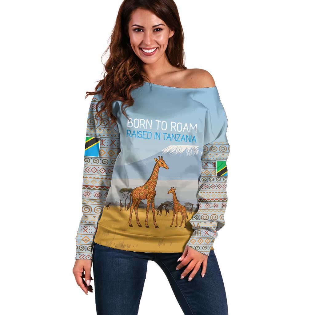 Tanzania Safari Giraffe Off Shoulder Sweater with Tribal Patterns and Mount Kilimanjaro Scene
