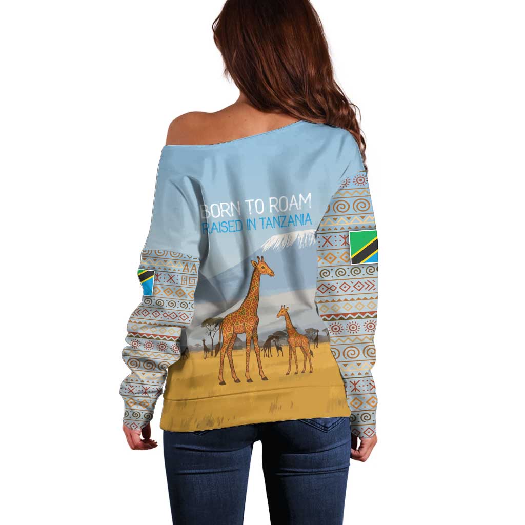 Tanzania Safari Giraffe Off Shoulder Sweater with Tribal Patterns and Mount Kilimanjaro Scene