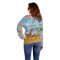 Tanzania Safari Giraffe Off Shoulder Sweater with Tribal Patterns and Mount Kilimanjaro Scene