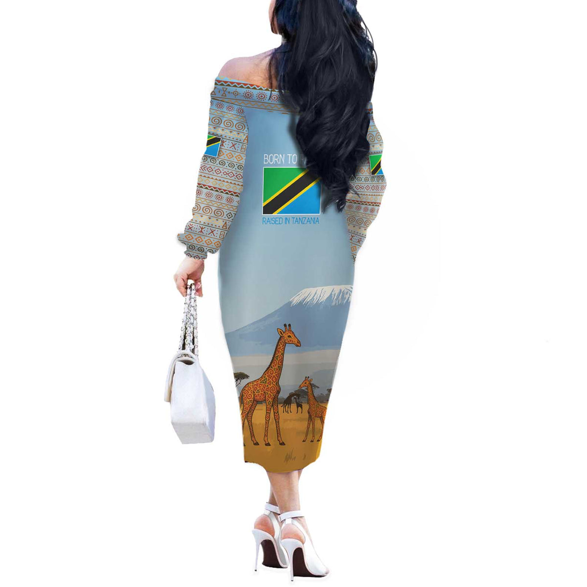 Tanzania Safari Giraffe Off The Shoulder Long Sleeve Dress with Tribal Patterns and Mount Kilimanjaro Scene
