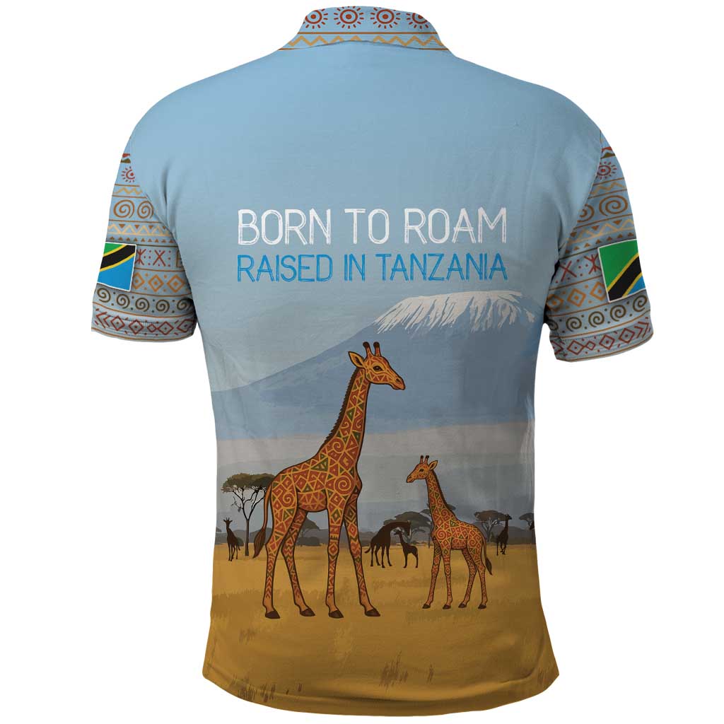 Tanzania Safari Giraffe Polo Shirt with Tribal Patterns and Mount Kilimanjaro Scene
