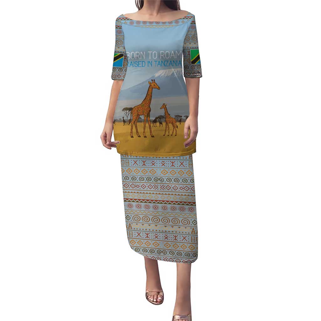 Tanzania Safari Giraffe Puletasi with Tribal Patterns and Mount Kilimanjaro Scene