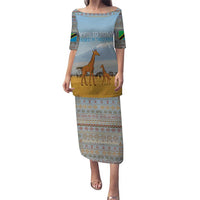 Tanzania Safari Giraffe Puletasi with Tribal Patterns and Mount Kilimanjaro Scene