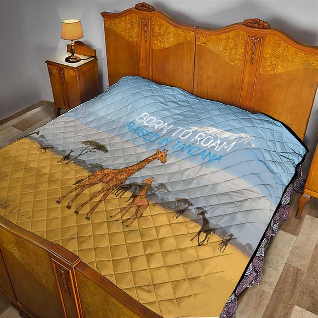 Tanzania Safari Giraffe Quilt with Tribal Patterns and Mount Kilimanjaro Scene