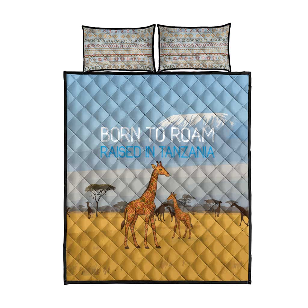 Tanzania Safari Giraffe Quilt Bed Set with Tribal Patterns and Mount Kilimanjaro Scene