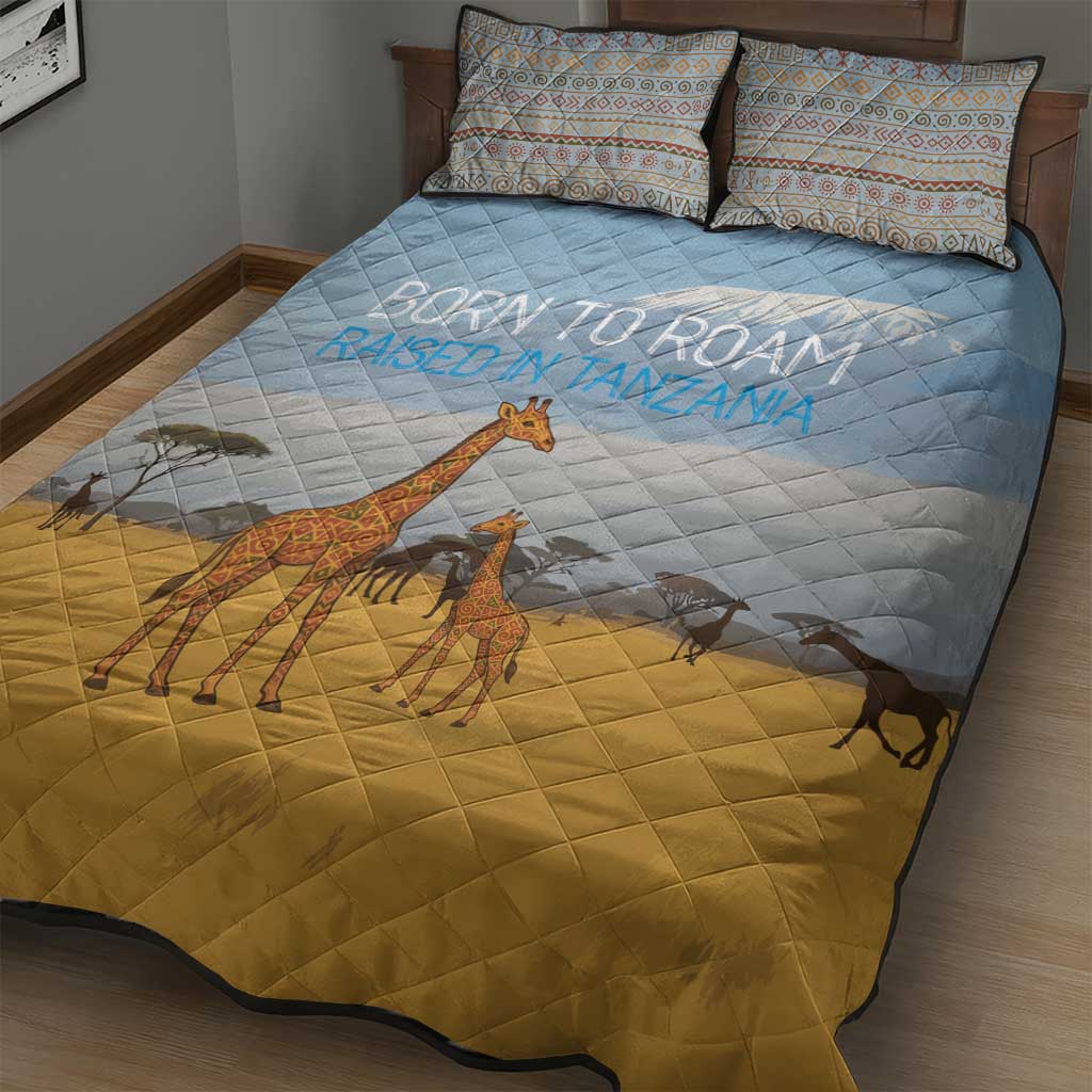 Tanzania Safari Giraffe Quilt Bed Set with Tribal Patterns and Mount Kilimanjaro Scene