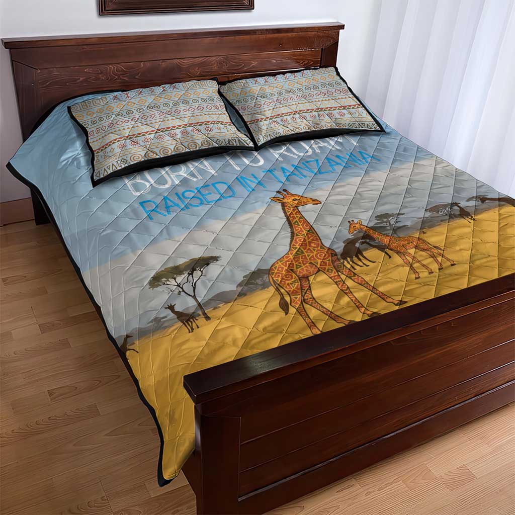 Tanzania Safari Giraffe Quilt Bed Set with Tribal Patterns and Mount Kilimanjaro Scene