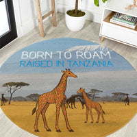 Tanzania Safari Giraffe Round Carpet with Tribal Patterns and Mount Kilimanjaro Scene