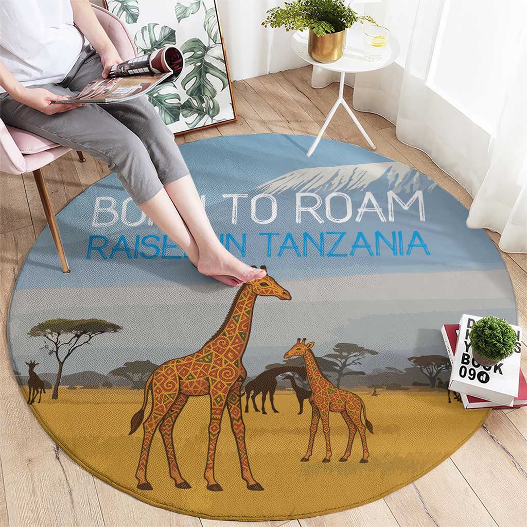 Tanzania Safari Giraffe Round Carpet with Tribal Patterns and Mount Kilimanjaro Scene