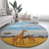 Tanzania Safari Giraffe Round Carpet with Tribal Patterns and Mount Kilimanjaro Scene