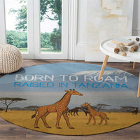 Tanzania Safari Giraffe Round Carpet with Tribal Patterns and Mount Kilimanjaro Scene