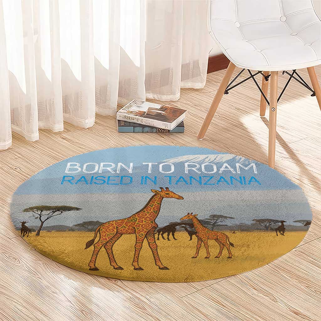 Tanzania Safari Giraffe Round Carpet with Tribal Patterns and Mount Kilimanjaro Scene