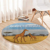 Tanzania Safari Giraffe Round Carpet with Tribal Patterns and Mount Kilimanjaro Scene