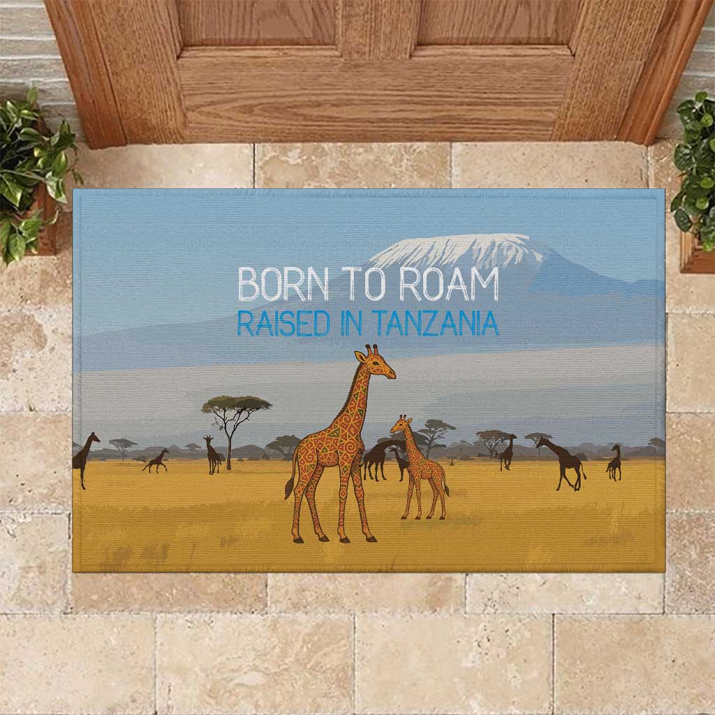 Tanzania Safari Giraffe Rubber Doormat with Tribal Patterns and Mount Kilimanjaro Scene