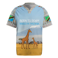 Tanzania Safari Giraffe Rugby Jersey with Tribal Patterns and Mount Kilimanjaro Scene