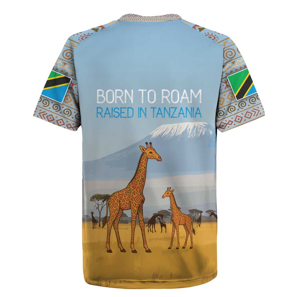 Tanzania Safari Giraffe Rugby Jersey with Tribal Patterns and Mount Kilimanjaro Scene