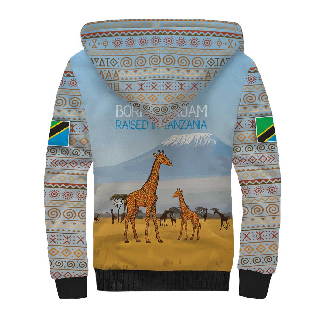 Tanzania Safari Giraffe Sherpa Hoodie with Tribal Patterns and Mount Kilimanjaro Scene